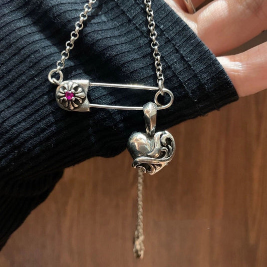 Chrome Hearts vine cute pink diamond brooch heart necklace