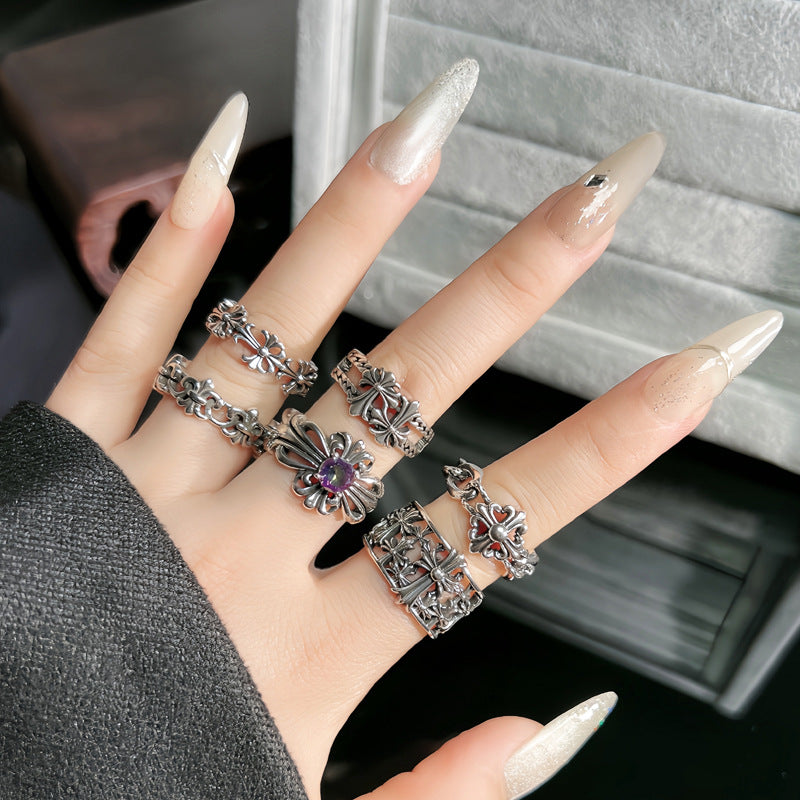 Chrome Hearts distressed iris cross open adjustable ring